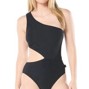 Michal Kors One-Shoulder Cut Out Ribbed One Piece Black Swimsuit- Size 10